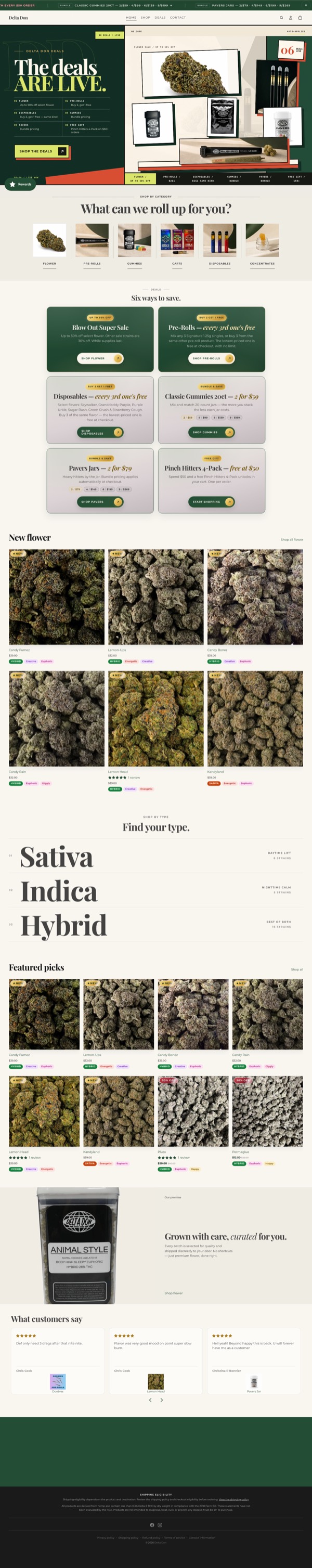 Delta Don homepage — deals-driven hemp storefront on deep green