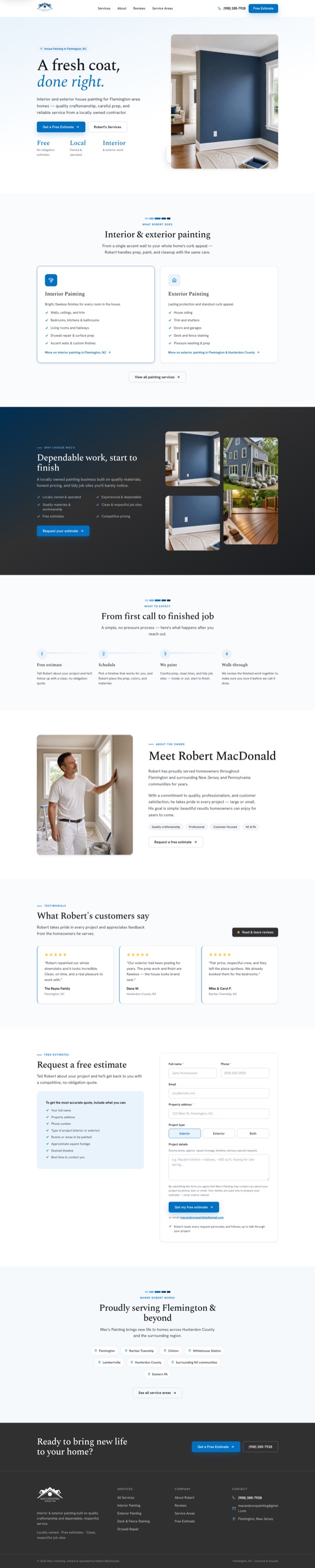 Mac’s Painting full homepage — lead-generation site for a Flemington NJ painting contractor