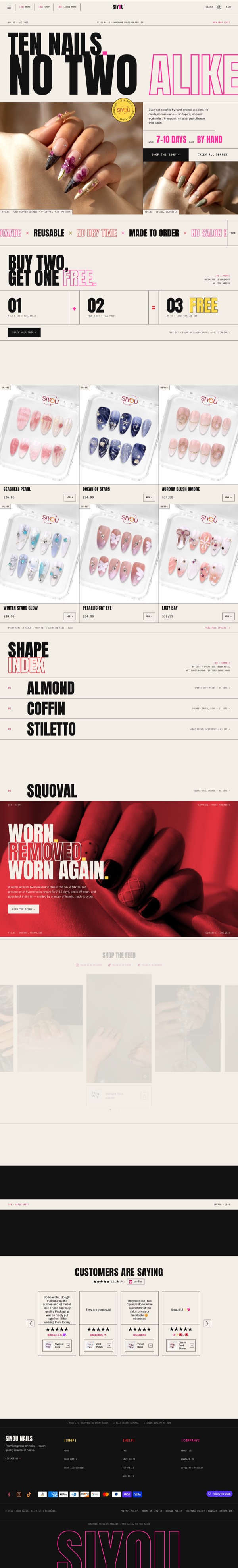 SIYOU Nails homepage — bold editorial type reading “Ten nails, no two alike”